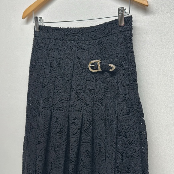 Maje Jalilo Skirt Buckled Asymmetric Hem Pleated Guipure Lace Midi Black Size 40 - Picture 6 of 12